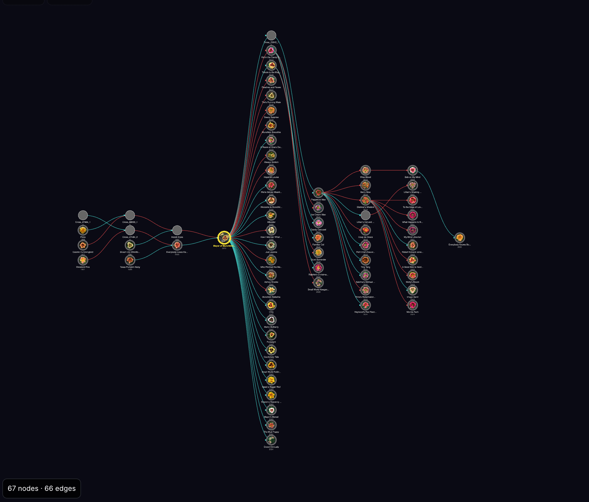 Pedigree tree centered on Mayor of Munchkinland with ancestors to the left and dozens of descendants fanning out to the right, each node carrying a bloom photo.